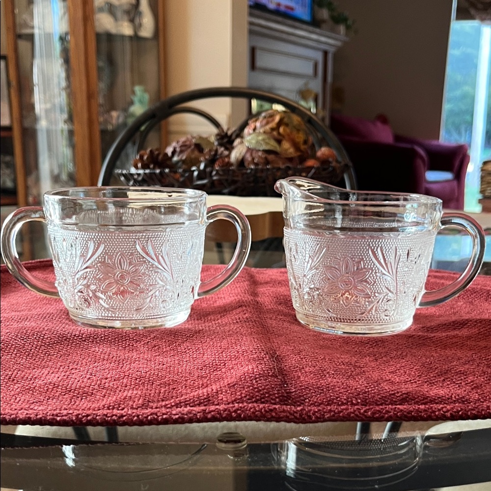 Vintage  Anchor Hocking Sandwich Glass Sugar and Creamer Set.